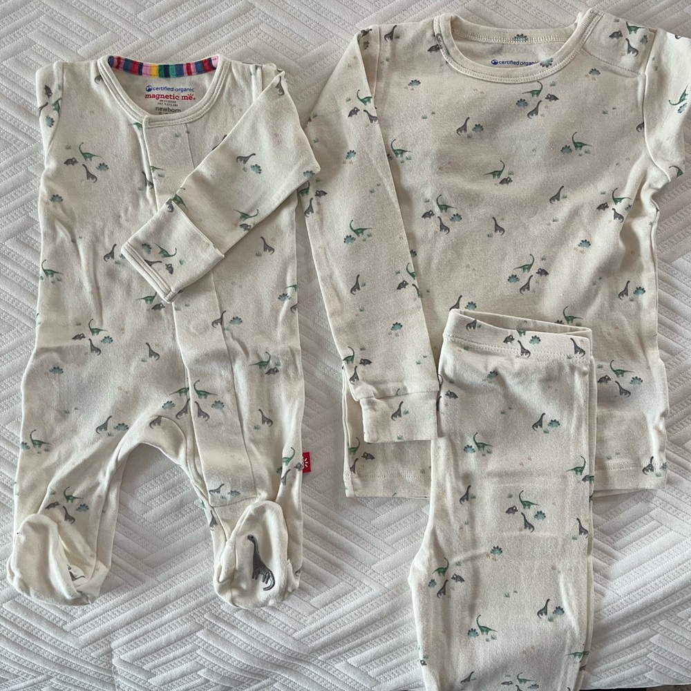 Magnetic Me Cream Newborn Footie Pj & Pajama Set with Tiny Dino Print